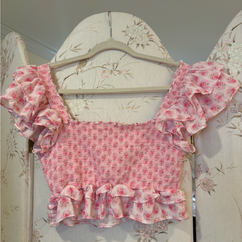 LoveShackFancy Pink Floral Ruffle Blouse
